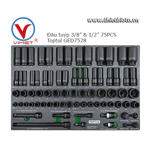 Bộ đầu tuýp đen 3/8 va 1/2 inch 75pcs Toptul GED7528